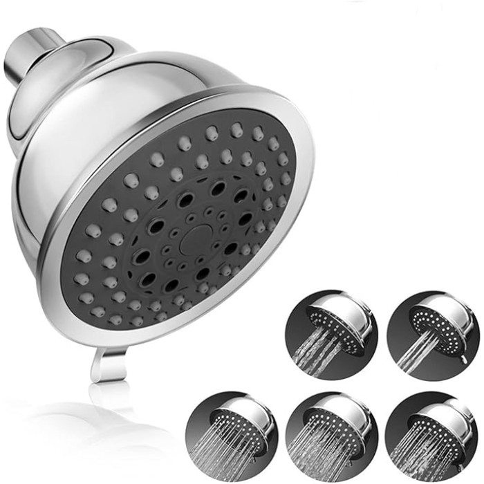 Pressure Shower Head, Chrome Rain Head with 5 Spray Settings, Adjustable Metal Swivel, Small Silicone Nozzles, Powerful Deluxe Fixed Bathroom Showerhead