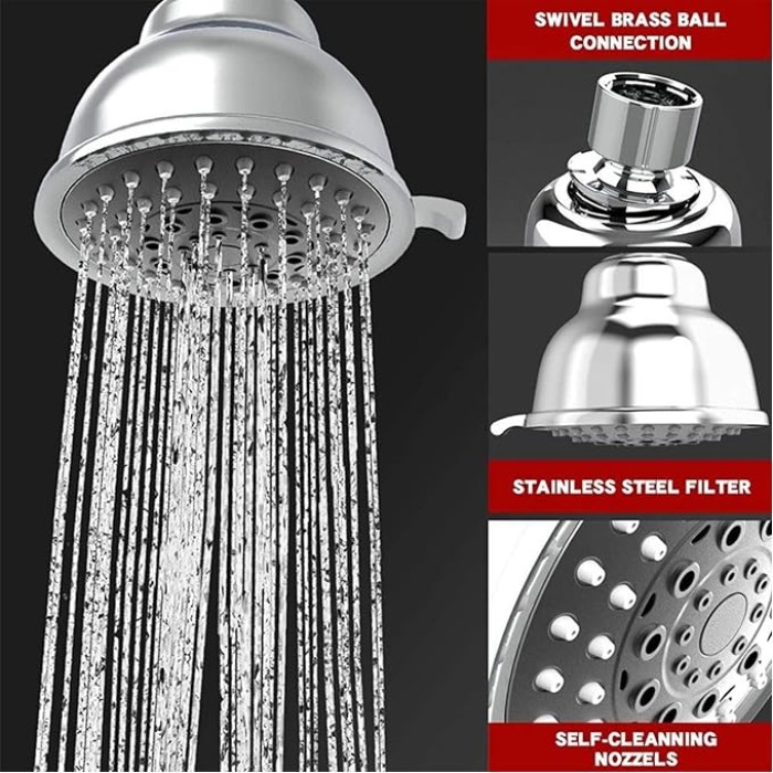 Pressure Shower Head, Chrome Rain Head with 5 Spray Settings, Adjustable Metal Swivel, Small Silicone Nozzles, Powerful Deluxe Fixed Bathroom Showerhead