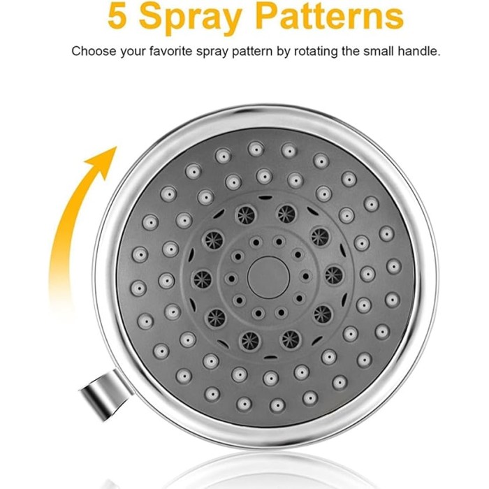 Pressure Shower Head, Chrome Rain Head with 5 Spray Settings, Adjustable Metal Swivel, Small Silicone Nozzles, Powerful Deluxe Fixed Bathroom Showerhead