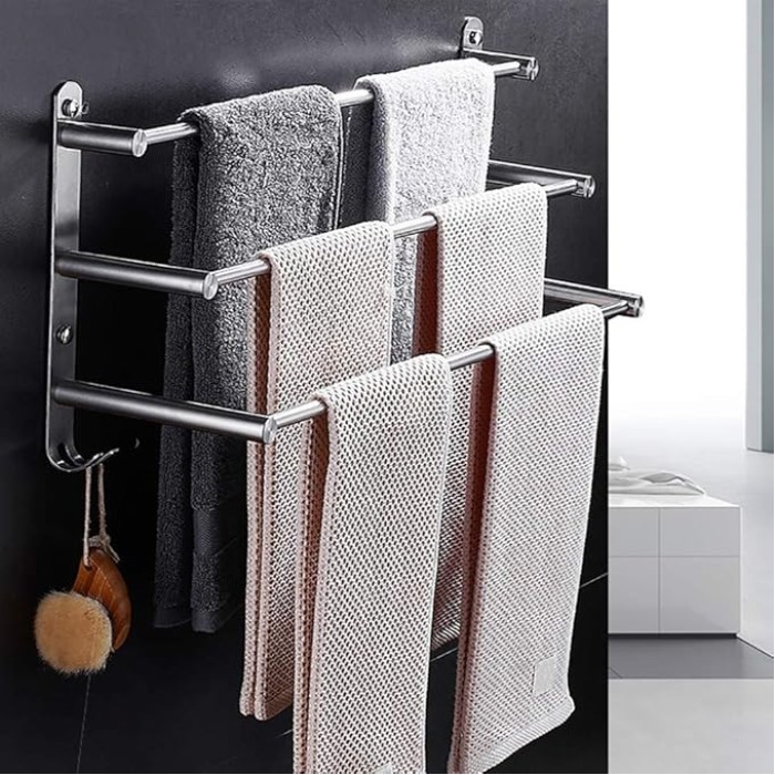 3-Tier Bath Towel Rack with Hooks Towel Rail Wall Mounted SUS304 Stainless Steel Towel Storage Bathroom Towel Rails Self Adhesive Bath Towel Rail40CM (50cm)
