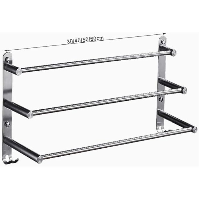3-Tier Bath Towel Rack with Hooks Towel Rail Wall Mounted SUS304 Stainless Steel Towel Storage Bathroom Towel Rails Self Adhesive Bath Towel Rail40CM (50cm)