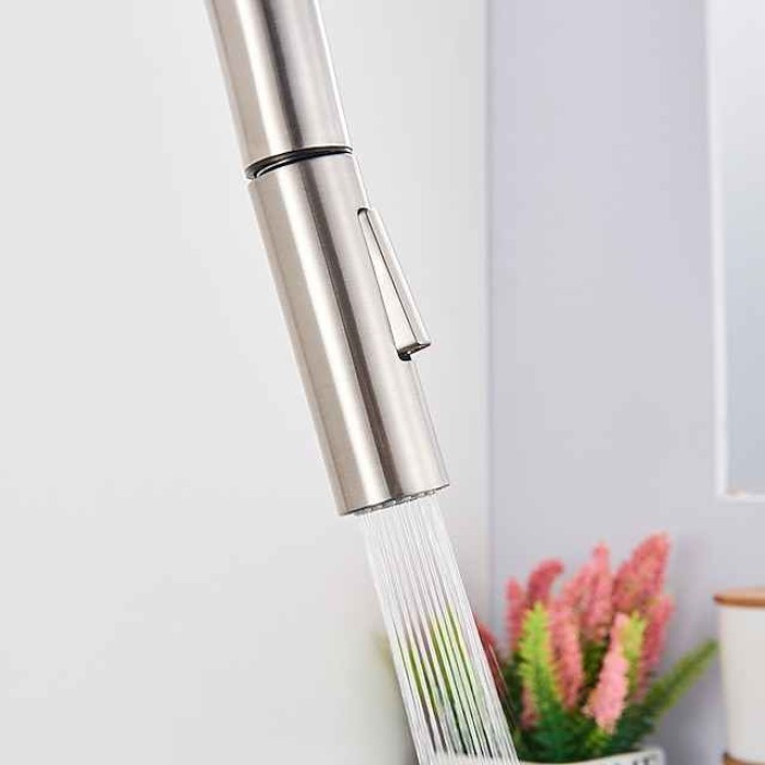 Kitchen Sink Mixer Faucet with Pull Out Sprayer, Stainless Steel Rotatable Vessel Tap, Rainfall/Waterfall Mode Spray Faucet, Black&Silver Kitchen Faucet Tap with Soap Dispenser