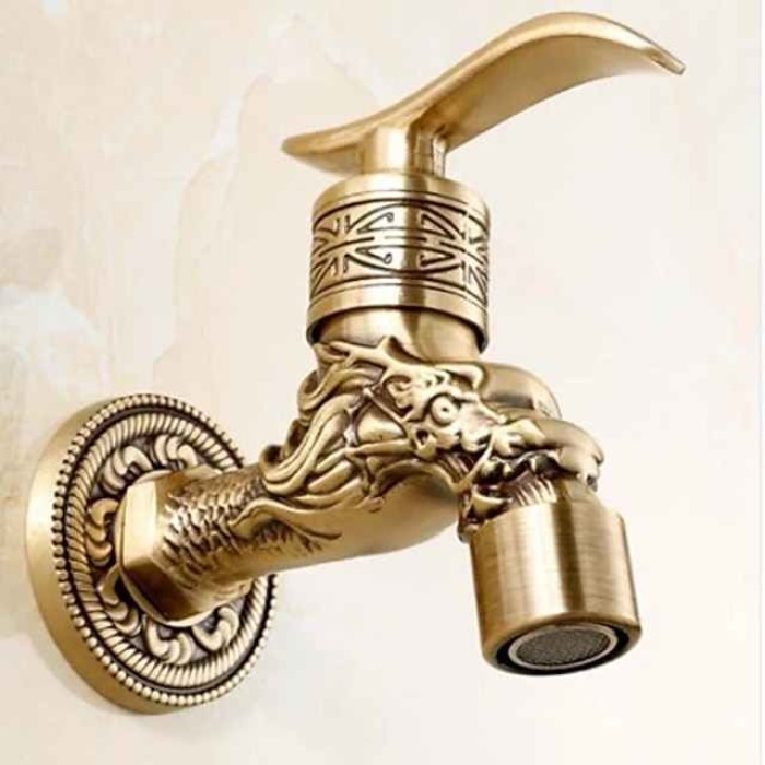 Outdoor Faucet,Wall Mount Antique Brass Faucet,Garden Outdoor Decorative Hose 1/2 inch Connection Spigot Carving Desigh with Cold Water Only