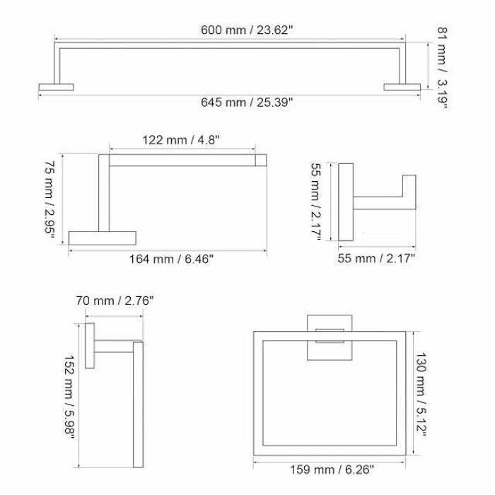 5 Pieces Bathroom Hardware Accessories Set Matte Black Towel Bar Set 2-Hooks Toilet Paper Holder Towel Ring Wall Mounted Stainless Steel 24-Inch Gold Brushed Nickel Chrome
